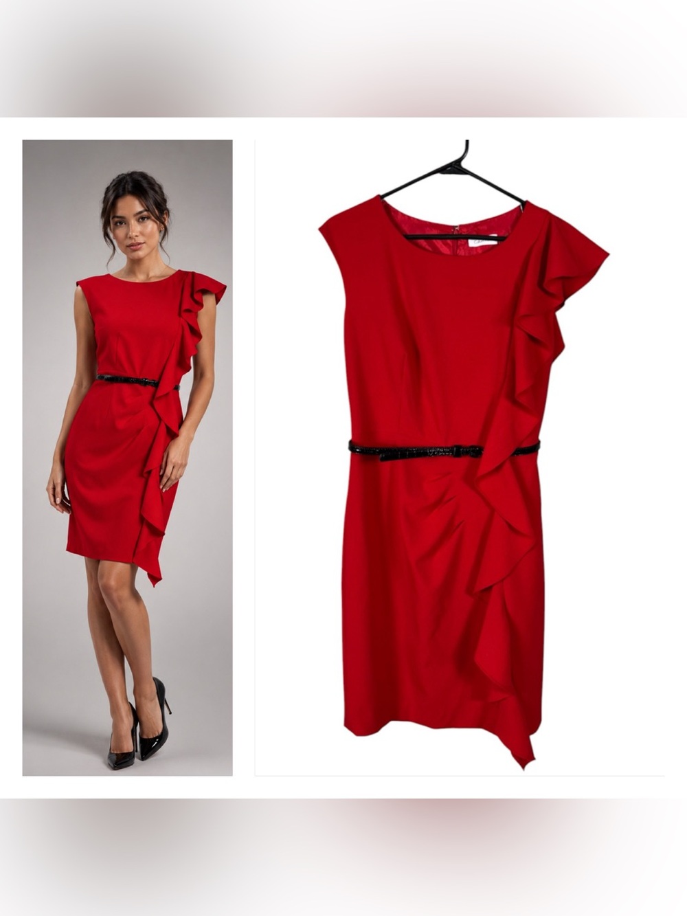 Calvin Klein Red Ruffle Sheath Dress Size 6 Evening Date Night Occassion Glam
